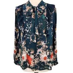 Tolani Silk Top Teal White Daisy Photo Print Keyhole Neck Ruffle Shoulder